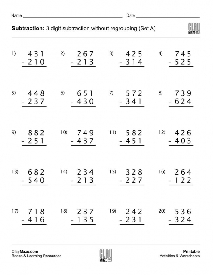 3 Digit Subtraction Without Regrouping Worksheets Worksheets Day