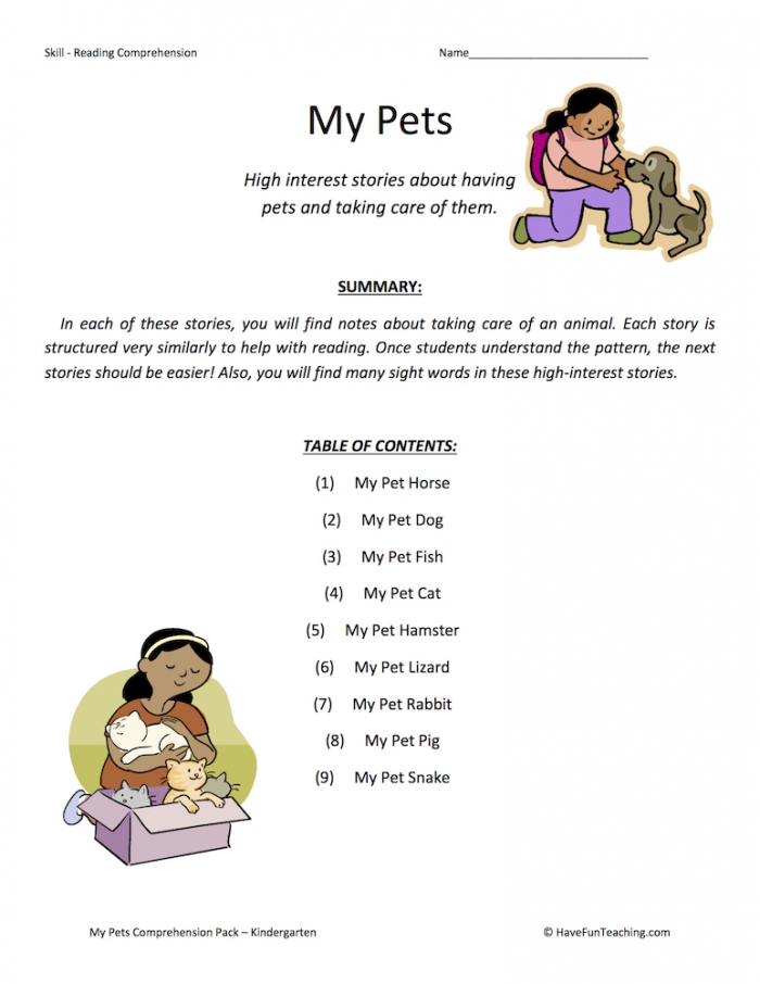 My Pets Reading Comprehension Test Collection Have Fun Teaching