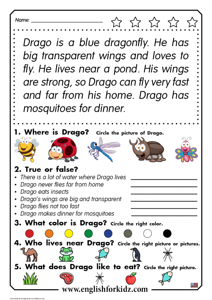 Reading Comprehension Worksheets Drago The Dragonfly