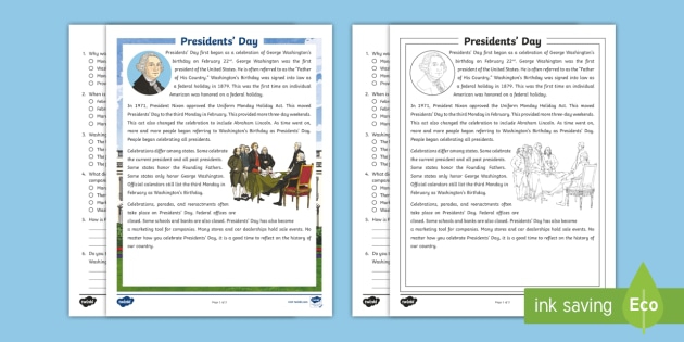 Third Grade Presidents Day Reading Comprehension Activity