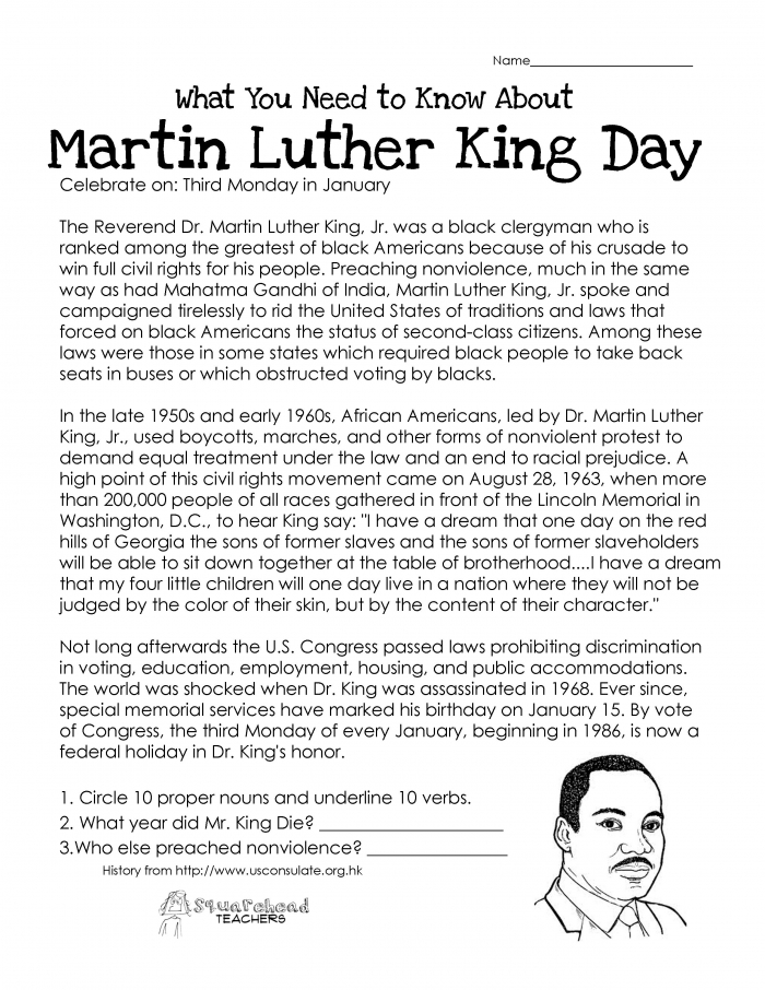 This Free Worksheet About Martin Luther King Day Covers The Basic