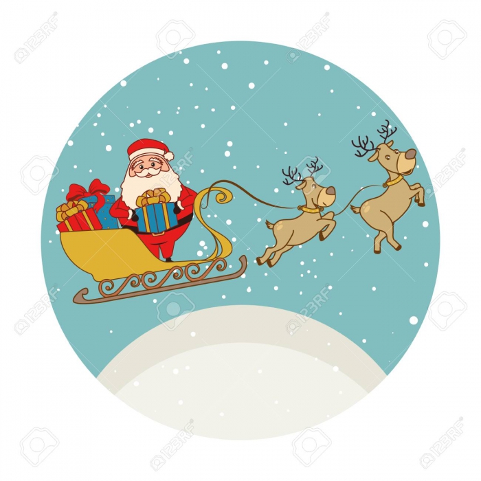Color Circular Shape With Santa Claus In Sleigh With Reindeers