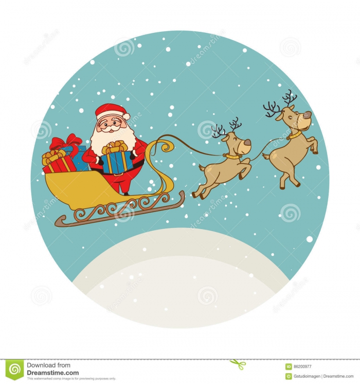 Color Circular Shape With Santa Claus In Sleigh With Reindeers And