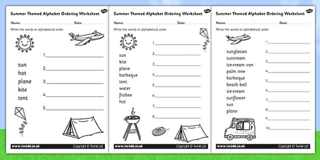 Summer Differentiated Alphabet Ordering Worksheet