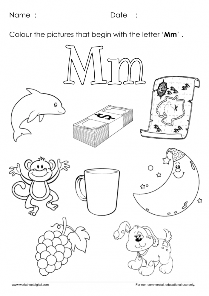 Color The Pictures Which Start With Letter M Worksheet
