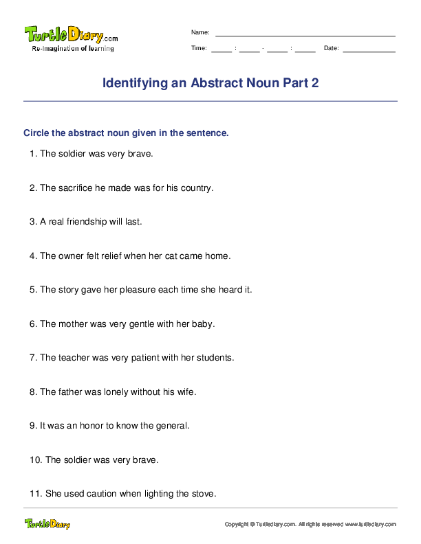 Identifying An Abstract Noun Part Worksheet